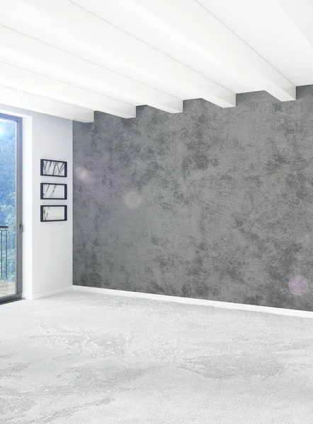 Beyaz yatak odası en az stil iç tasarım ahşap duvar ve gri Kanepeli. 3D render. 3D çizim