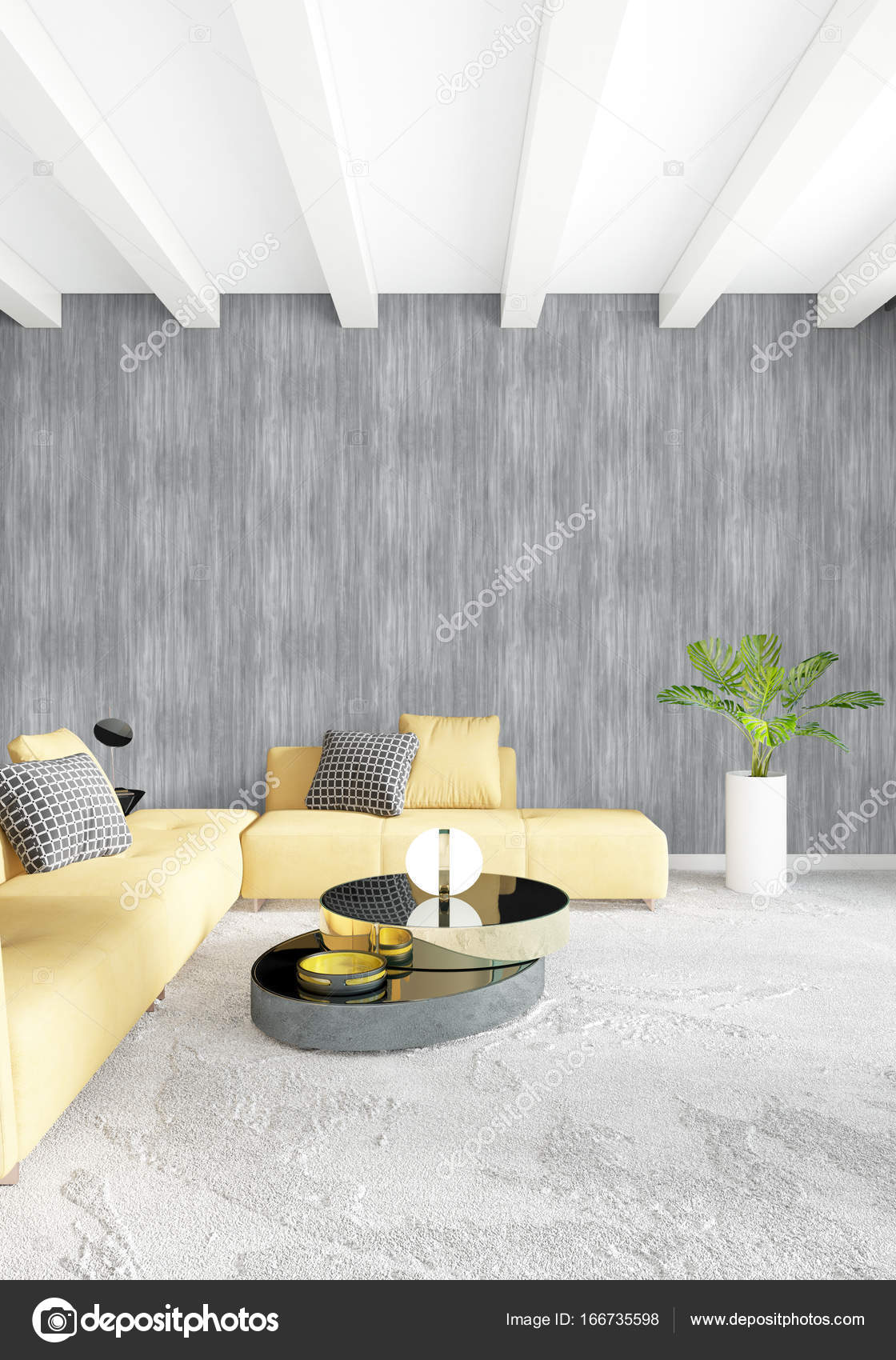 White bedroom minimal style interior design with wood wall and grey sofa 3d rendering