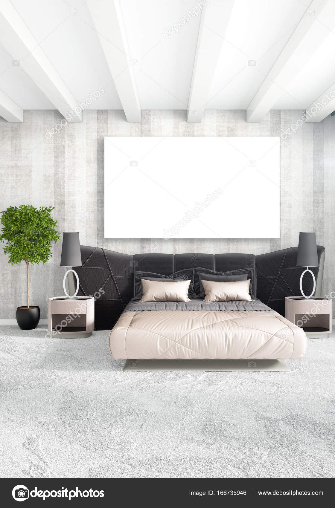 Dormitorio blanco de estilo minimalista Diseño interior con pared de madera  y sofá gris. Representación 3D. Ilustración 3D — Foto de stock #166735946 ©  elsar77, image size:1120x1700