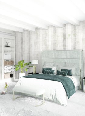 Beyaz yatak odası en az stil iç tasarım ahşap duvar ve gri Kanepeli. 3D render. 3D çizim