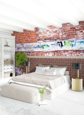 Beyaz yatak odası en az stil iç tasarım ahşap duvar ve gri Kanepeli. 3D render. 3D çizim