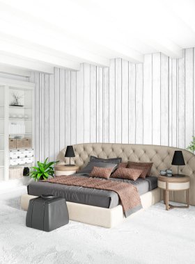 Beyaz yatak odası en az stil iç tasarım ahşap duvar ve gri Kanepeli. 3D render. 3D çizim