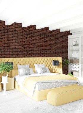 Beyaz yatak odası en az stil iç tasarım ahşap duvar ve gri Kanepeli. 3D render. 3D çizim