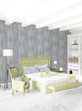 Beyaz yatak odası en az stil iç tasarım ahşap duvar ve gri Kanepeli. 3D render. 3D çizim