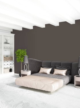 Beyaz yatak odası en az stil iç tasarım ahşap duvar ve gri Kanepeli. 3D render. 3D çizim