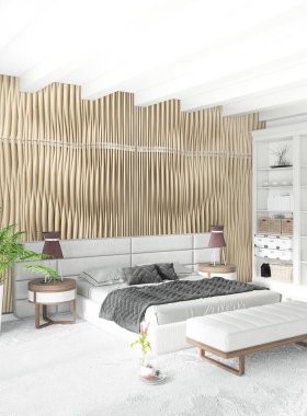 Beyaz yatak odası en az stil iç tasarım ahşap duvar ve gri Kanepeli. 3D render. 3D çizim