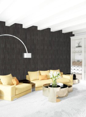 Beyaz yatak odası en az stil iç tasarım ahşap duvar ve gri Kanepeli. 3D render. 3D çizim