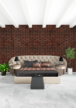 Beyaz yatak odası en az stil iç tasarım ahşap duvar ve gri Kanepeli. 3D render. 3D çizim