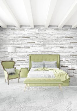 Beyaz yatak odası en az stil iç tasarım ahşap duvar ve gri Kanepeli. 3D render. 3D çizim