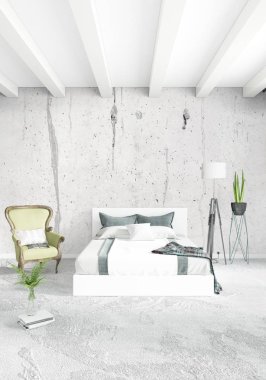 Beyaz yatak odası en az stil iç tasarım ahşap duvar ve gri Kanepeli. 3D render. 3D çizim