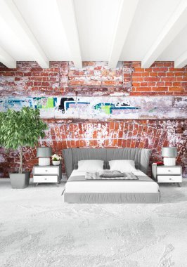 Beyaz yatak odası en az stil iç tasarım ahşap duvar ve gri Kanepeli. 3D render. 3D çizim