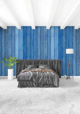 Beyaz yatak odası en az stil iç tasarım ahşap duvar ve gri Kanepeli. 3D render. 3D çizim