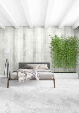 Beyaz yatak odası en az stil iç tasarım ahşap duvar ve gri Kanepeli. 3D render. 3D çizim