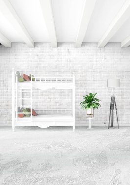 Beyaz yatak odası en az stil iç tasarım ahşap duvar ve gri Kanepeli. 3D render. 3D çizim