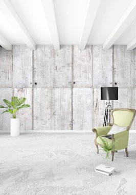 Beyaz yatak odası en az stil iç tasarım ahşap duvar ve gri Kanepeli. 3D render. 3D çizim