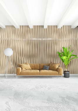 Beyaz yatak odası en az stil iç tasarım ahşap duvar ve gri Kanepeli. 3D render. 3D çizim