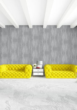 Beyaz yatak odası en az stil iç tasarım ahşap duvar ve gri Kanepeli. 3D render. 3D çizim