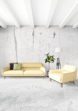 Beyaz yatak odası en az stil iç tasarım ahşap duvar ve gri Kanepeli. 3D render. 3D çizim