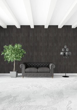 Beyaz yatak odası en az stil iç tasarım ahşap duvar ve gri Kanepeli. 3D render. 3D çizim