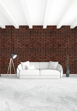 Beyaz yatak odası en az stil iç tasarım ahşap duvar ve gri Kanepeli. 3D render. 3D çizim