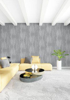 Beyaz yatak odası en az stil iç tasarım ahşap duvar ve gri Kanepeli. 3D render. 3D çizim