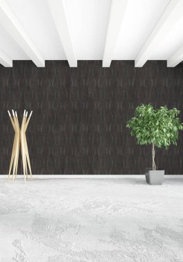 Beyaz yatak odası en az stil iç tasarım ahşap duvar ve gri Kanepeli. 3D render. 3D çizim