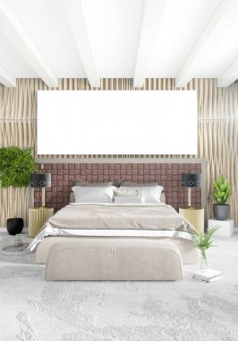 Beyaz yatak odası en az stil iç tasarım ahşap duvar ve gri Kanepeli. 3D render. 3D çizim