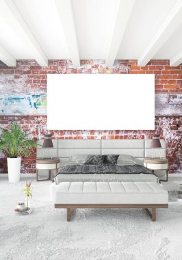 Beyaz yatak odası en az stil iç tasarım ahşap duvar ve gri Kanepeli. 3D render. 3D çizim