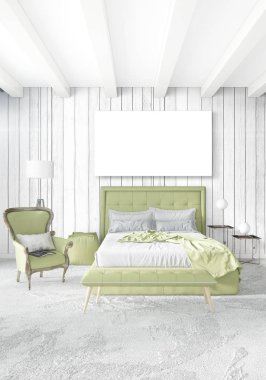 Beyaz yatak odası en az stil iç tasarım ahşap duvar ve gri Kanepeli. 3D render. 3D çizim