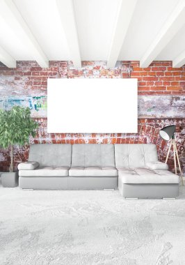 Beyaz yatak odası en az stil iç tasarım ahşap duvar ve gri Kanepeli. 3D render. 3D çizim