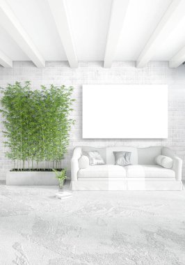 Beyaz yatak odası en az stil iç tasarım ahşap duvar ve gri Kanepeli. 3D render. 3D çizim