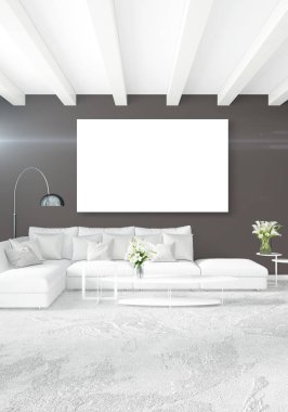 Beyaz yatak odası en az stil iç tasarım ahşap duvar ve gri Kanepeli. 3D render. 3D çizim