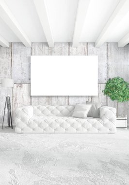 Beyaz yatak odası en az stil iç tasarım ahşap duvar ve gri Kanepeli. 3D render. 3D çizim