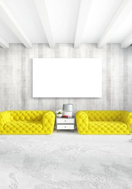 Beyaz yatak odası en az stil iç tasarım ahşap duvar ve gri Kanepeli. 3D render. 3D çizim