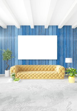 Beyaz yatak odası en az stil iç tasarım ahşap duvar ve gri Kanepeli. 3D render. 3D çizim