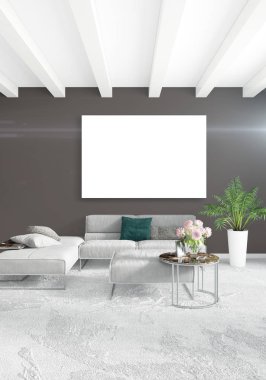 Beyaz yatak odası en az stil iç tasarım ahşap duvar ve gri Kanepeli. 3D render. 3D çizim