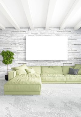 Beyaz yatak odası en az stil iç tasarım ahşap duvar ve gri Kanepeli. 3D render. 3D çizim