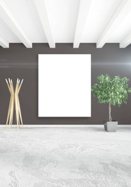 Beyaz yatak odası en az stil iç tasarım ahşap duvar ve gri Kanepeli. 3D render. 3D çizim