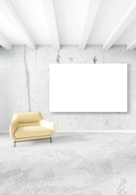 Beyaz yatak odası en az stil iç tasarım ahşap duvar ve gri Kanepeli. 3D render. 3D çizim