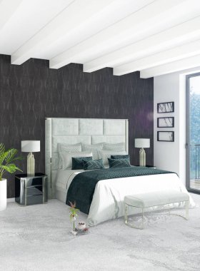 Beyaz yatak odası en az stil iç tasarım ahşap duvar ve gri Kanepeli. 3D render. 3D çizim