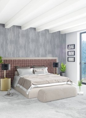 Beyaz yatak odası en az stil iç tasarım ahşap duvar ve gri Kanepeli. 3D render. 3D çizim