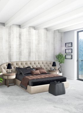 Beyaz yatak odası en az stil iç tasarım ahşap duvar ve gri Kanepeli. 3D render. 3D çizim