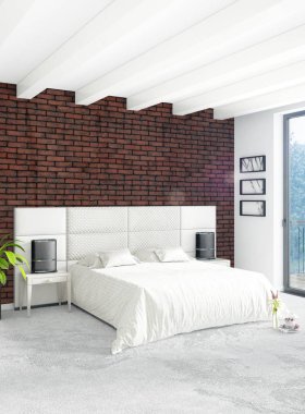 Beyaz yatak odası en az stil iç tasarım ahşap duvar ve gri Kanepeli. 3D render. 3D çizim