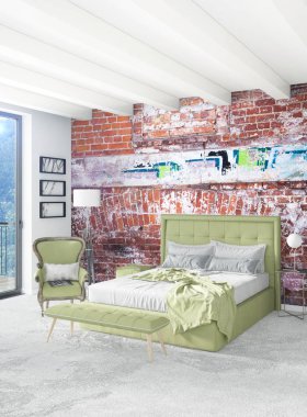 Beyaz yatak odası en az stil iç tasarım ahşap duvar ve gri Kanepeli. 3D render. 3D çizim