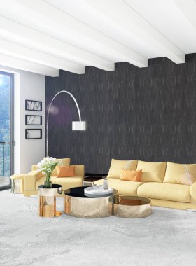 Beyaz yatak odası en az stil iç tasarım ahşap duvar ve gri Kanepeli. 3D render. 3D çizim