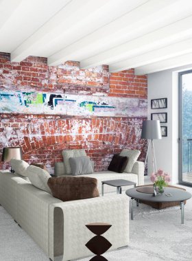 Beyaz yatak odası en az stil iç tasarım ahşap duvar ve gri Kanepeli. 3D render. 3D çizim