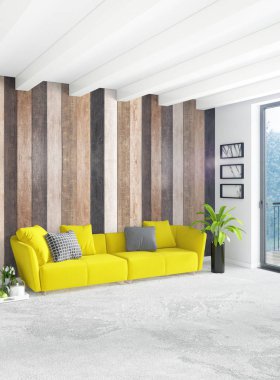 Beyaz yatak odası en az stil iç tasarım ahşap duvar ve gri Kanepeli. 3D render. 3D çizim