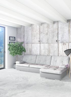 Beyaz yatak odası en az stil iç tasarım ahşap duvar ve gri Kanepeli. 3D render. 3D çizim