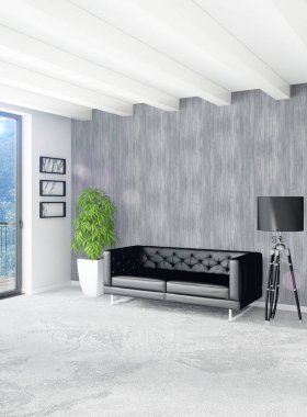 Beyaz yatak odası en az stil iç tasarım ahşap duvar ve gri Kanepeli. 3D render. 3D çizim