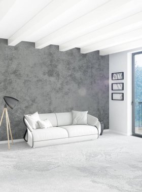 Beyaz yatak odası en az stil iç tasarım ahşap duvar ve gri Kanepeli. 3D render. 3D çizim